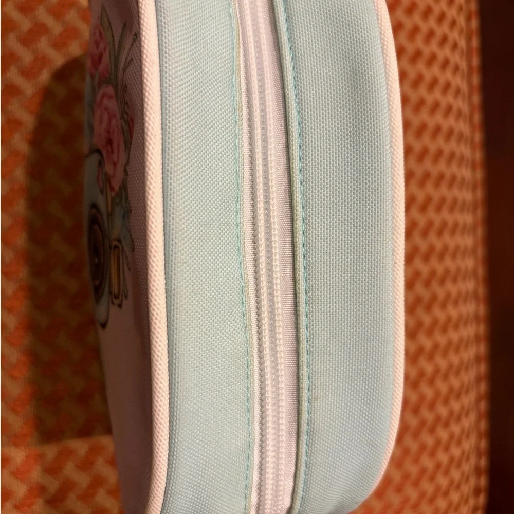 Floral Camera Cosmetic Pouch - White with Pink & Blue Accents